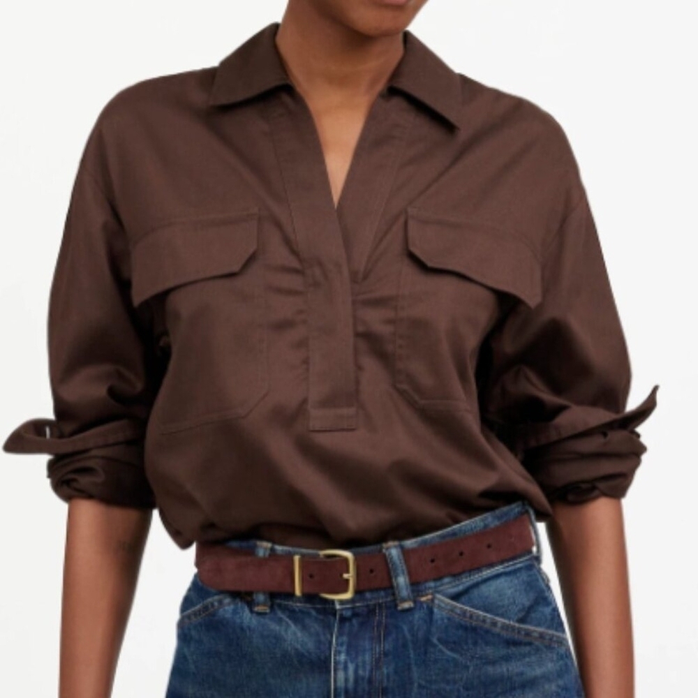 Madewell Top Womens Utility Long-Sleeve Popover Top Brown Size XXS